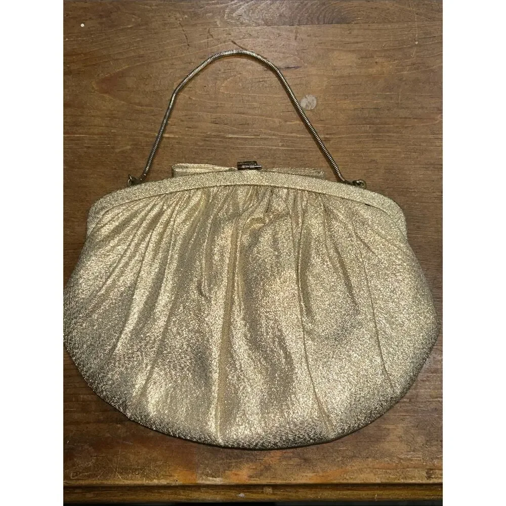Vintage Gold Lamé Evening Bag Jeweled Clasp w/kiss lock Coin Purse USA Made